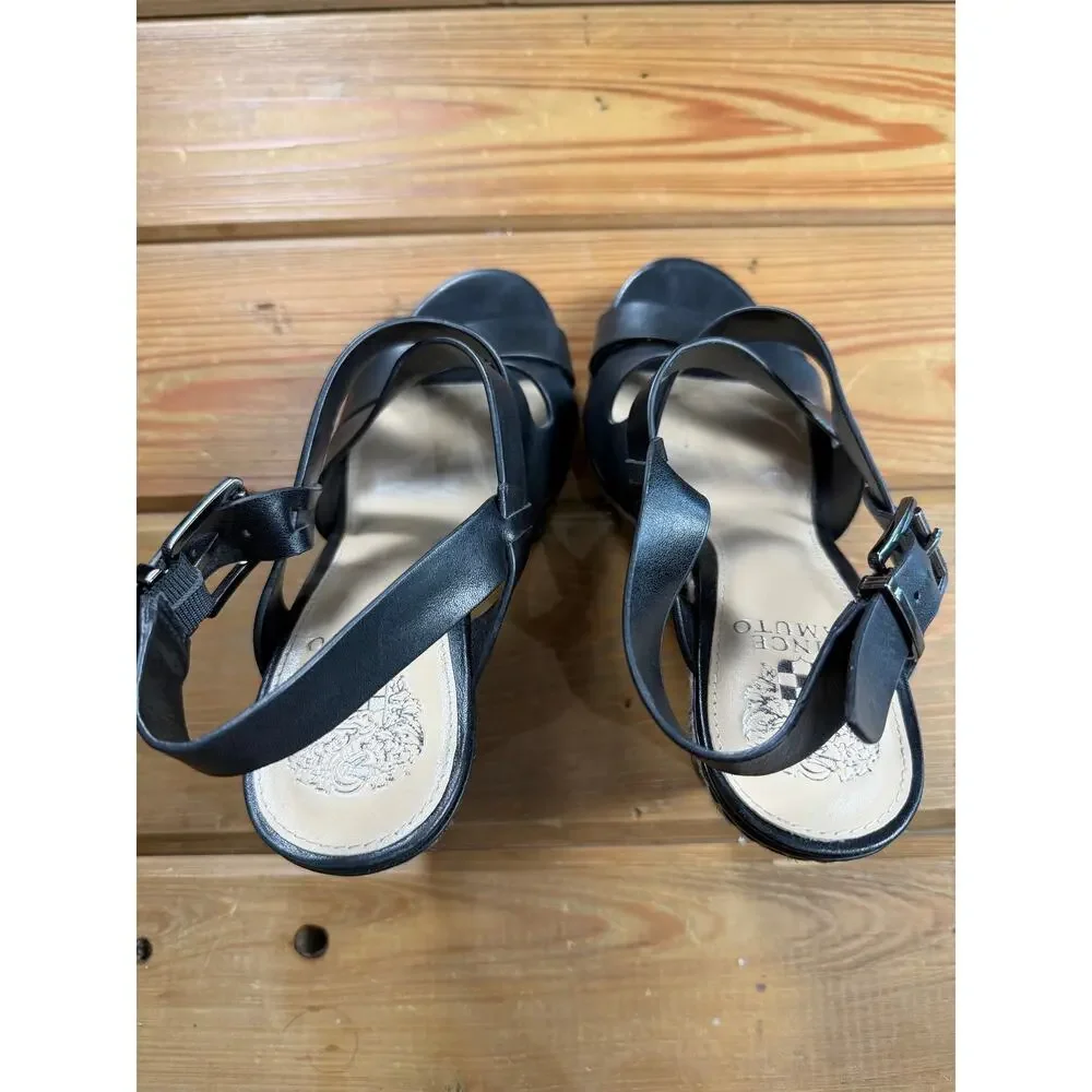 Vince Camuto Black Leather Espadrille Wedge Sandals Ankle Strap Women’s 7.5